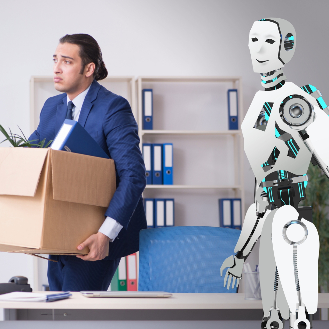 Man holding a box of things from his desk as an AI robot takes his place.