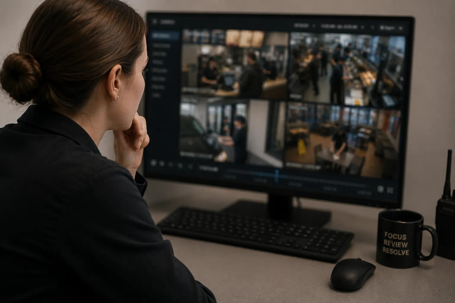 A human analyst reviews multi-screen QSR loss prevention video evidence on a desktop monitor, cross-referencing restaurant footage for pattern recognition.