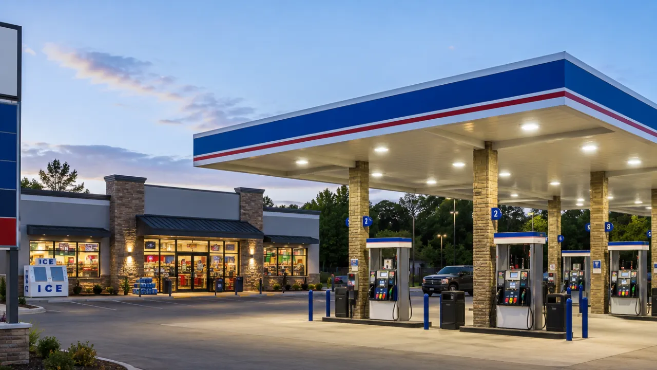 Exterior of a well-lit convenience store and gas station at dusk, demonstrating exterior loss prevention through high-visibility lighting and clear storefront sightlines.