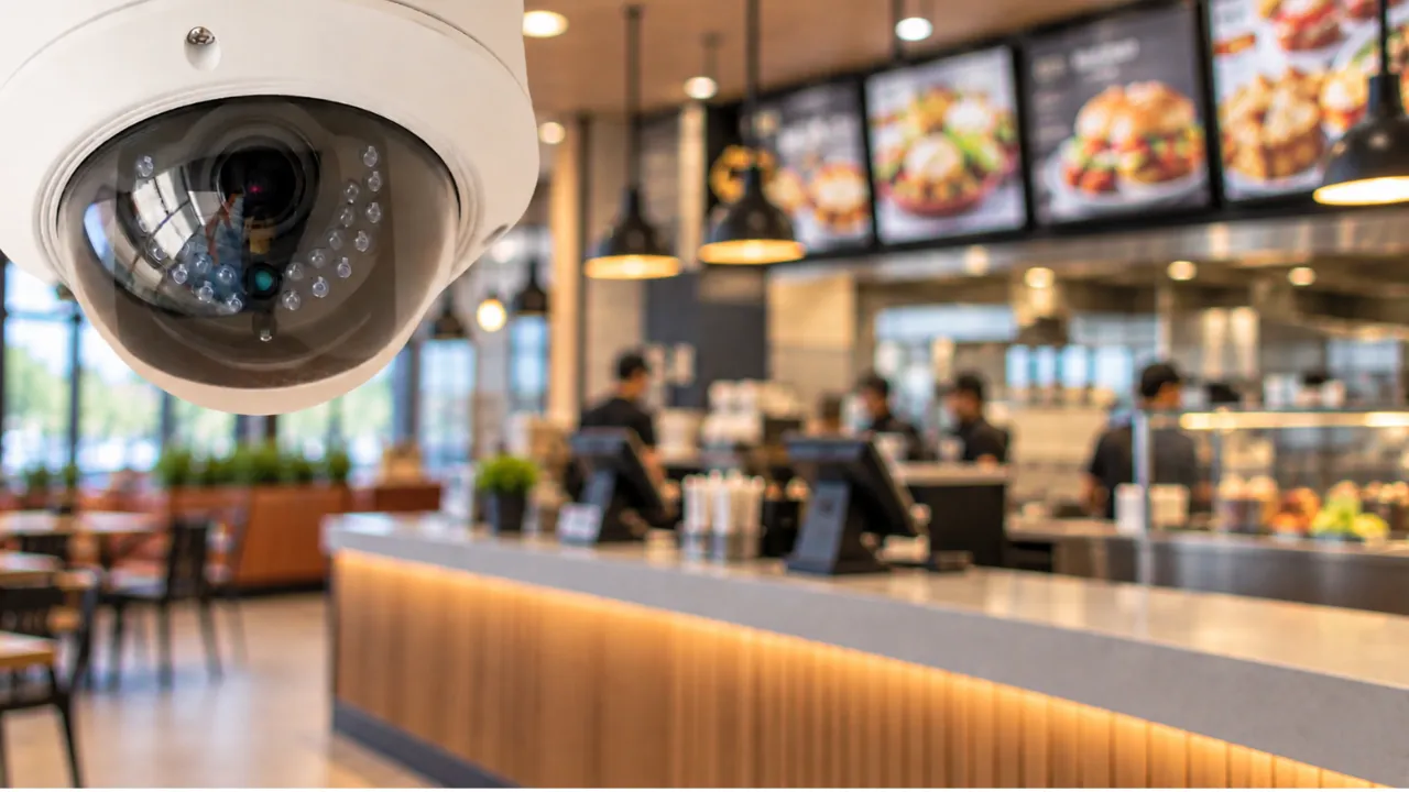 White dome security camera overlooking a quick service restaurant counter, point of sale terminals and staff in the background